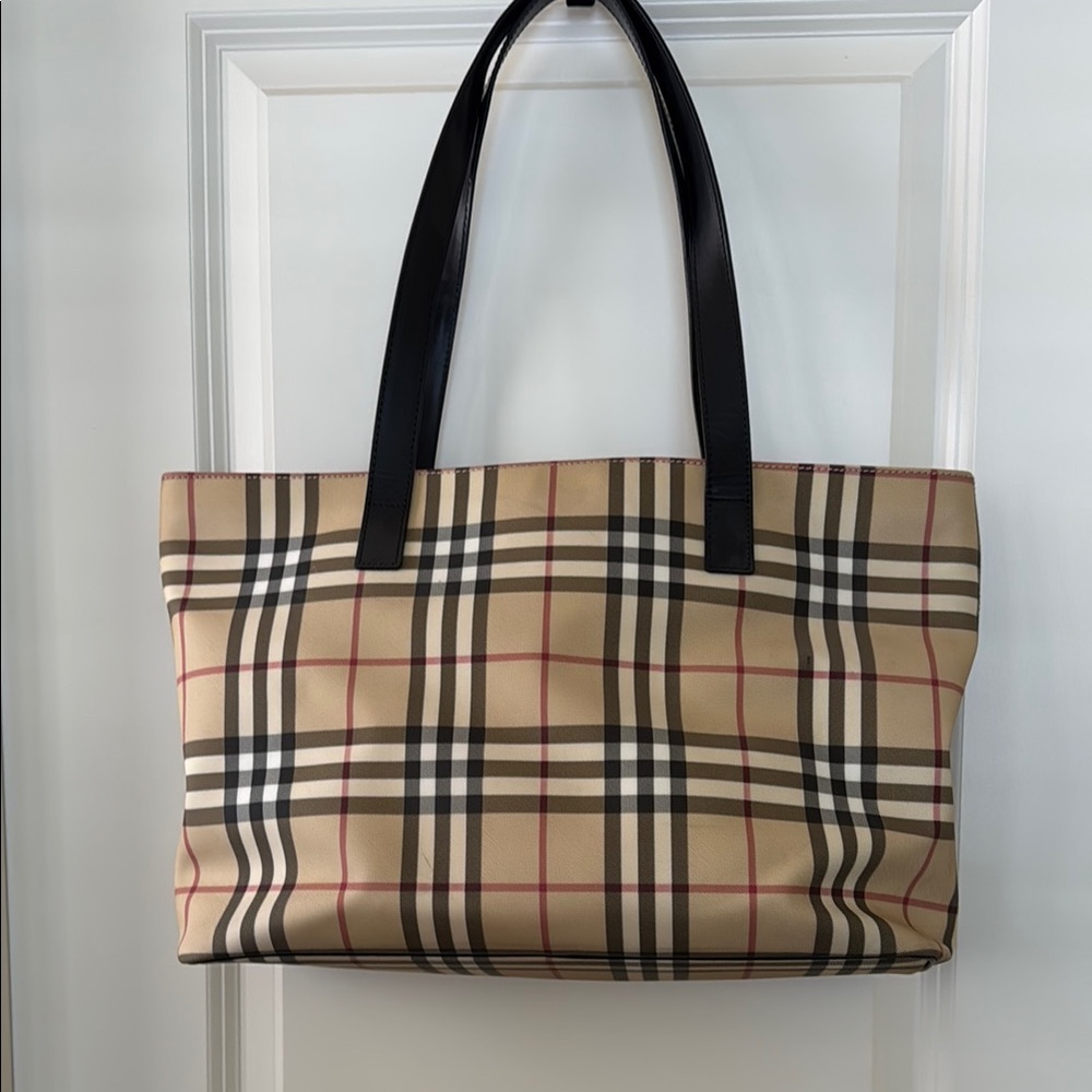 Burberry Tan and Black Checkered Tote Bag EUC
